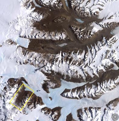 Doug Kowalewski's field site, Beacon Valley (yellow square), sits at 1500 m in elevation and is in close proximity to the East Antarctic Ice Sheet (left of image).