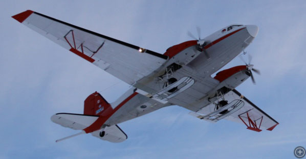 This one-of-a-kind airplane features an array of instruments for studying the East Antarctic Ice Sheet and the bedrock below:  radar, a magnetometer, laser altimeters, and a gravity meter. Skis allow the team to land nearly anywhere in Antarctica if necessary.